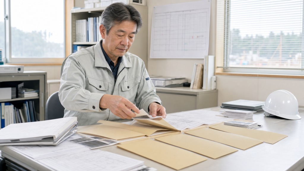 施工管理経験者が過去の現場資料を分類している様子
