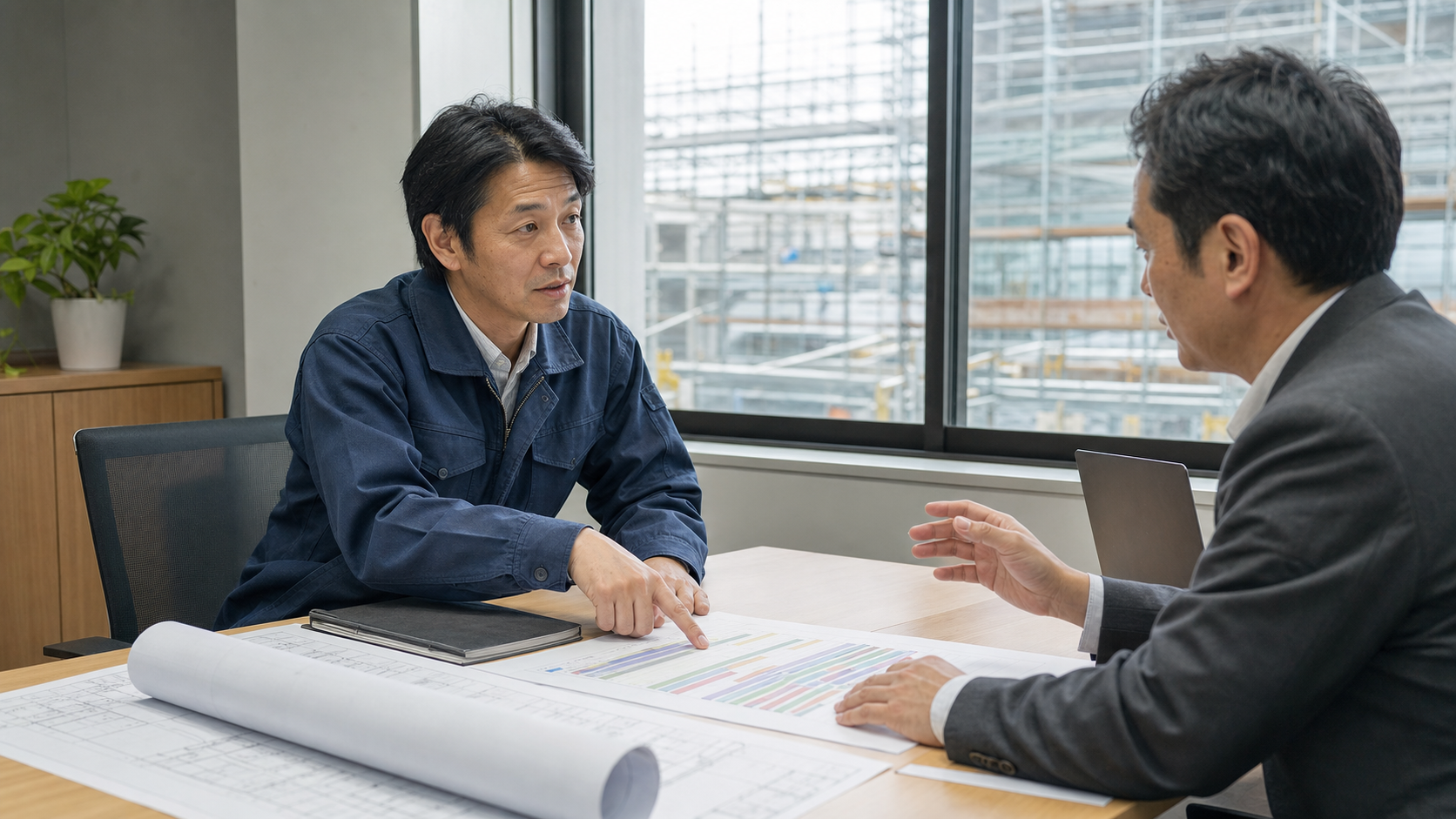 施工管理経験者が面接で勤務条件について具体的に確認している様子