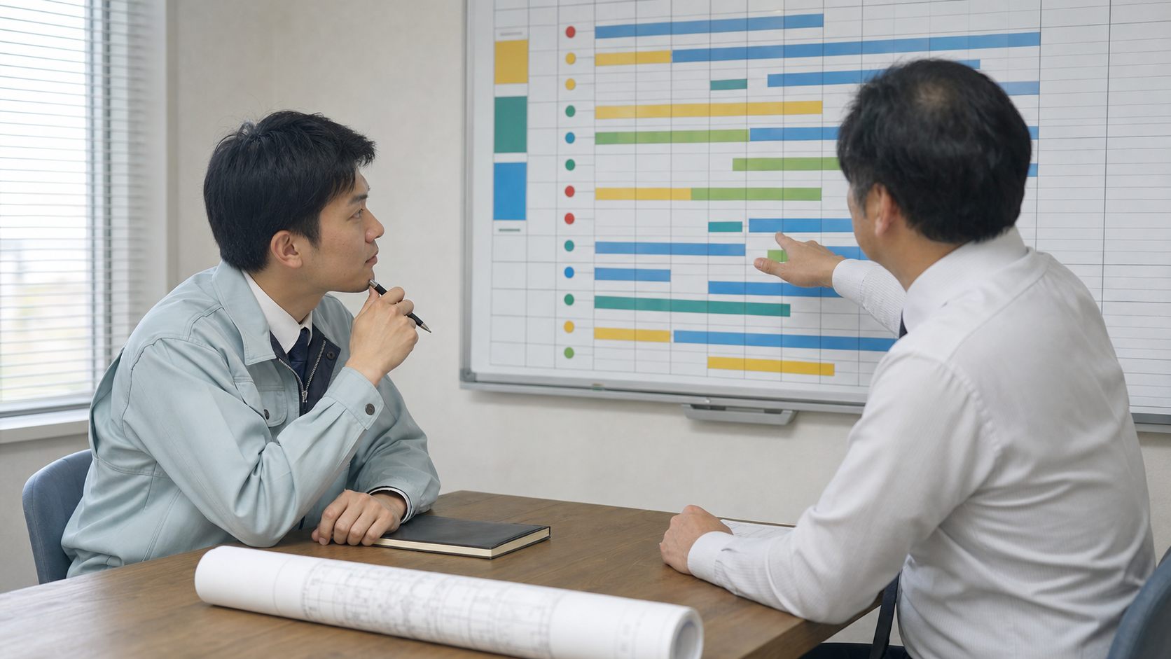 施工管理の面接で工程表を見ながら勤務条件を具体化している様子