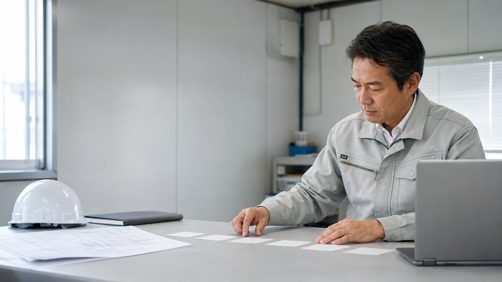 施工管理経験者が求人票と図面を見比べている様子