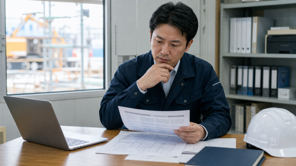 施工管理の転職条件を資料で整理する技術者とキャリア相談担当者