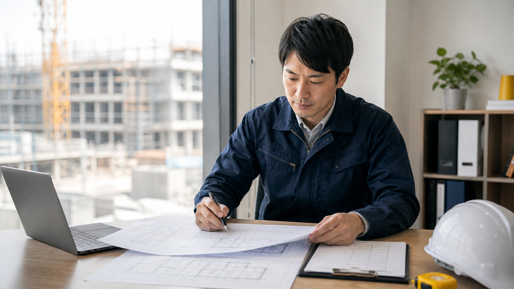 建築転職を検討する施工管理技術者が、落ち着いたオフィスで求人条件を整理している様子