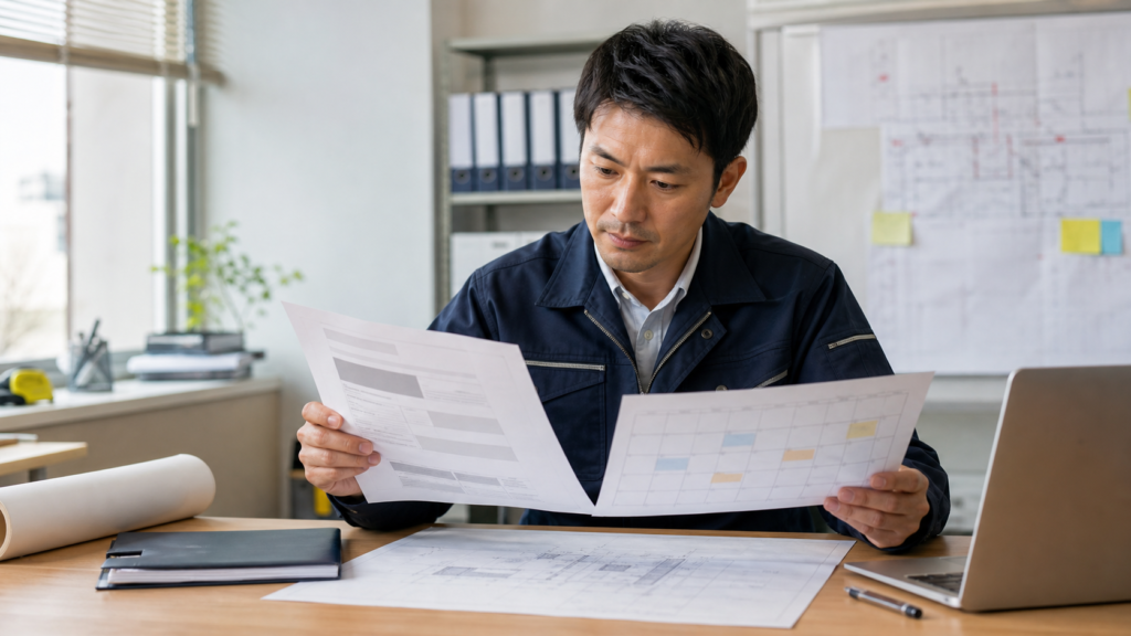 施工管理者が求人票と勤務カレンダーを照らし合わせて休日出勤の条件を確認する様子