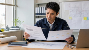 施工管理者が求人票と勤務カレンダーを照らし合わせて休日出勤の条件を確認する様子