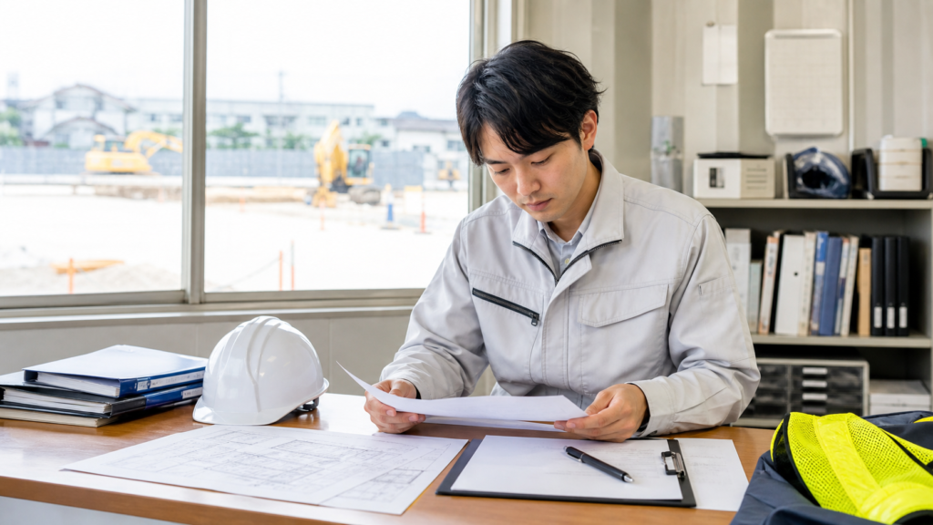 施工管理未経験者が建設現場を背景に仕事の説明を受けている様子