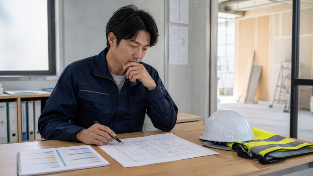 資格取得と施工管理への転職を検討する人が学習資料を確認している様子