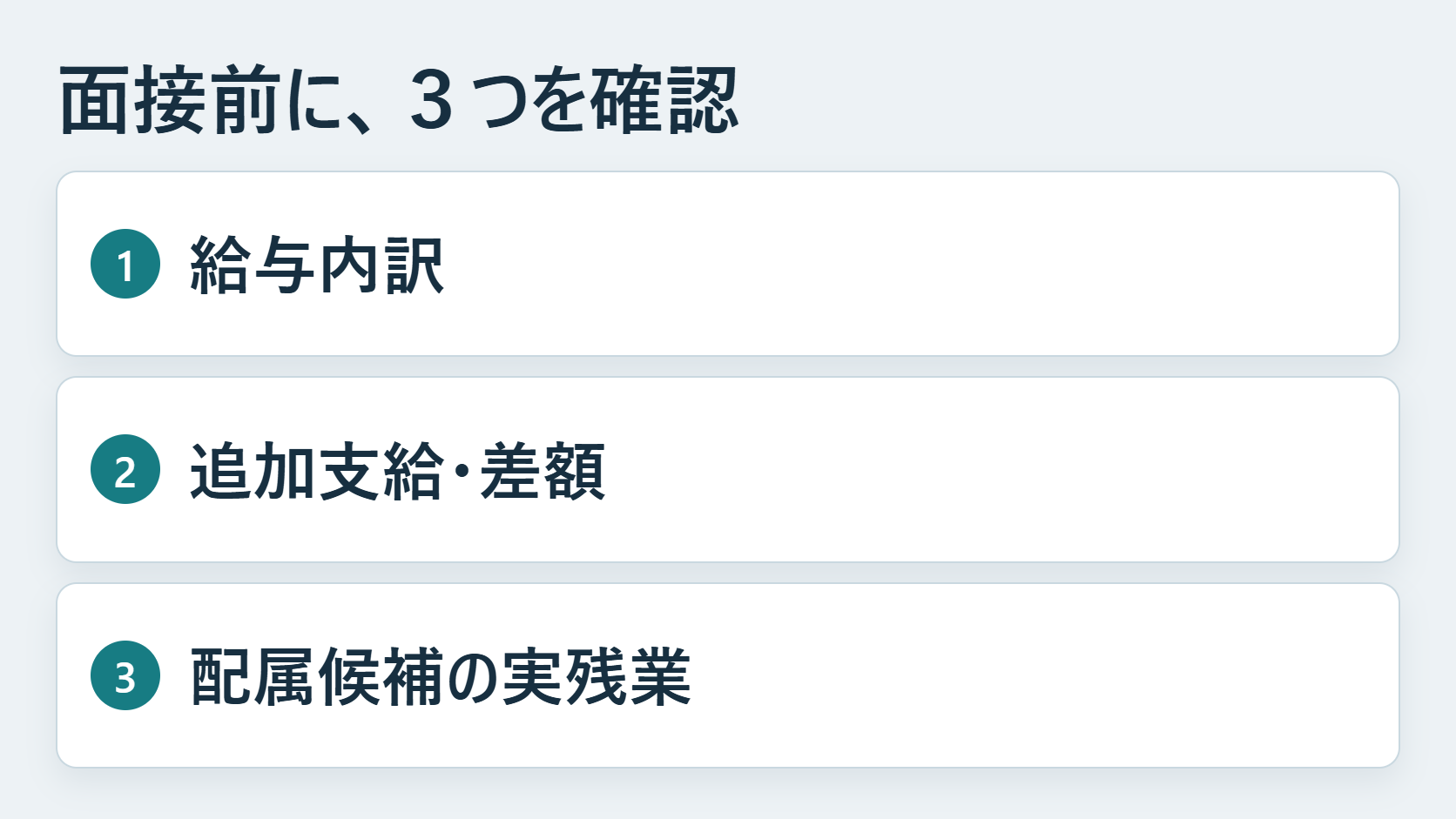 面接前に給与内訳、追加支給と差額、配属候補の実残業を確認する三段階のチェックリスト