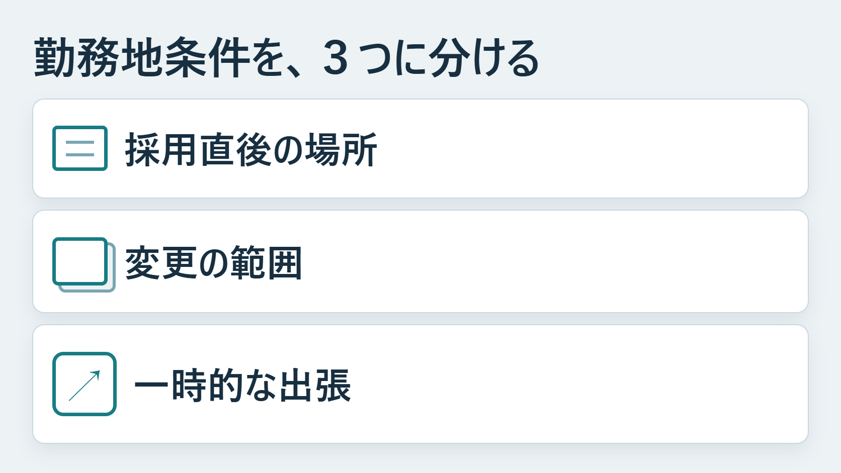勤務地条件を採用直後の場所、変更の範囲、一時的な出張の三つに分ける図